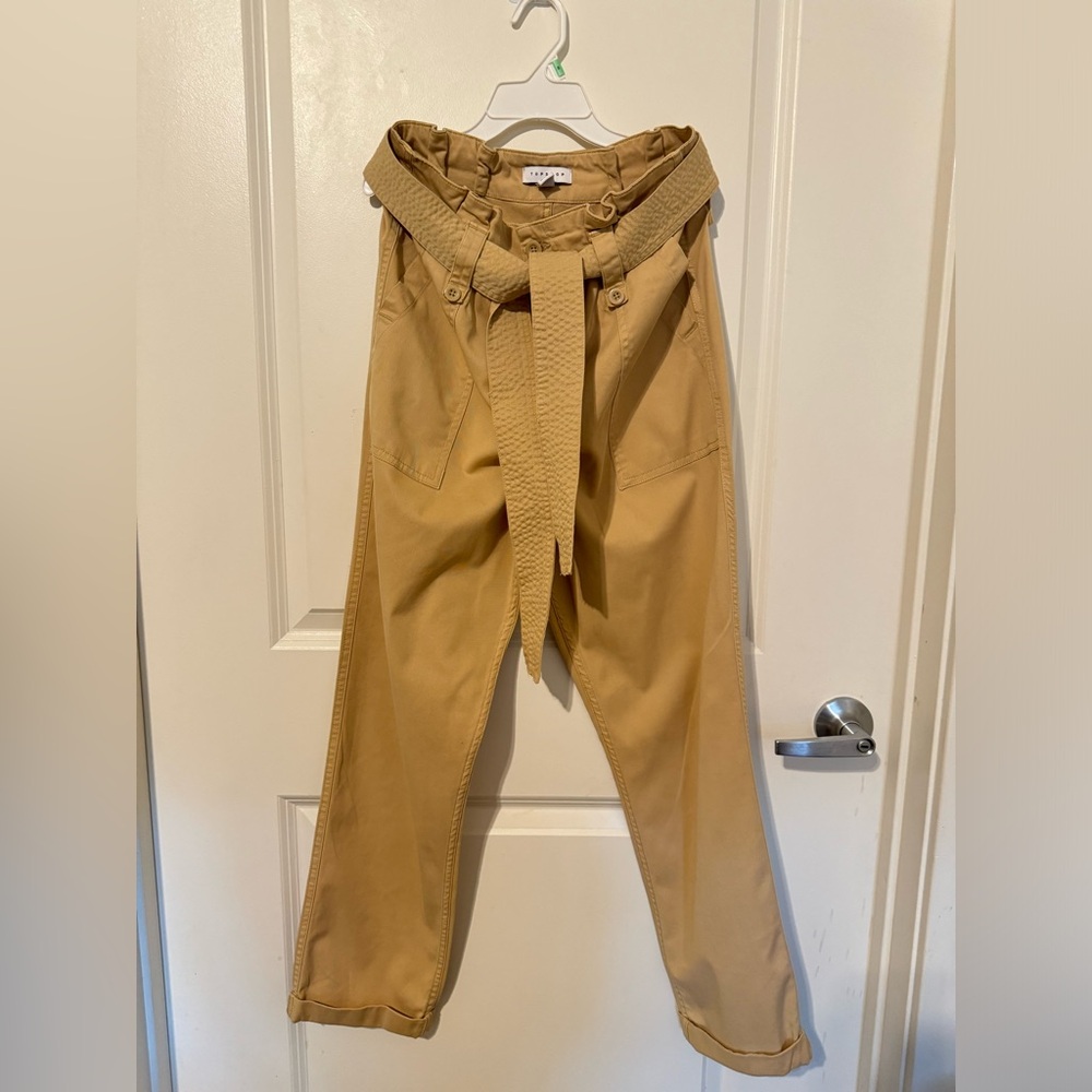 Topshop Rory Paperbag Waist Utility Cuffed Pants in Khaki. Size 6